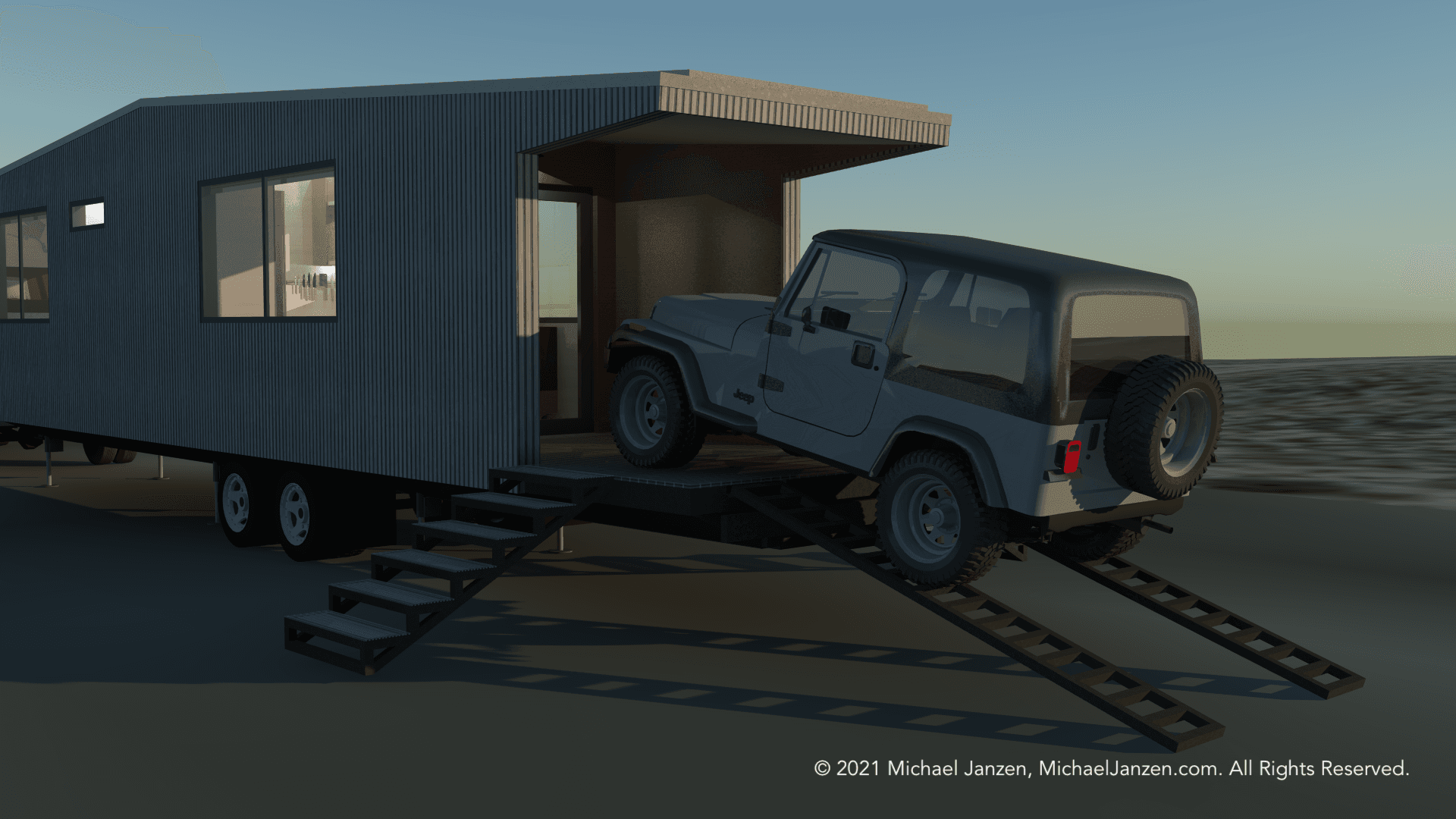 Road Trip Jeep Hauling Tiny House Concept